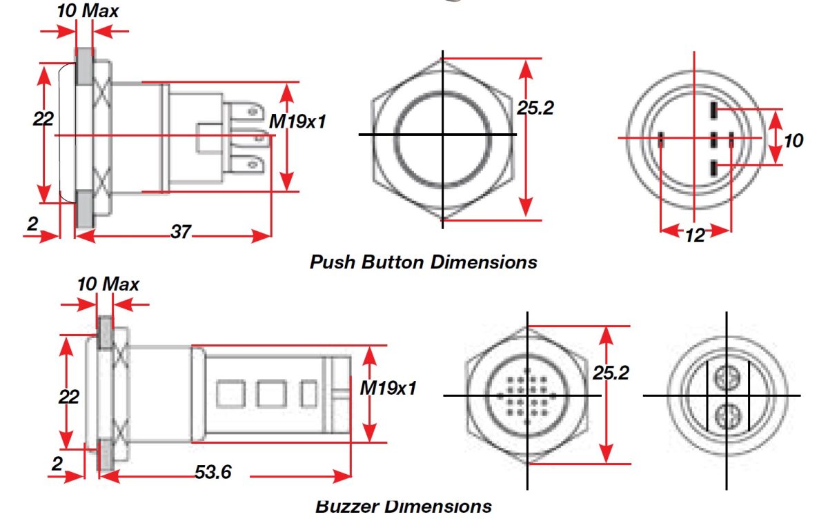 BEP Stainless Steel Push Button Switch & Buzzers Dimensions