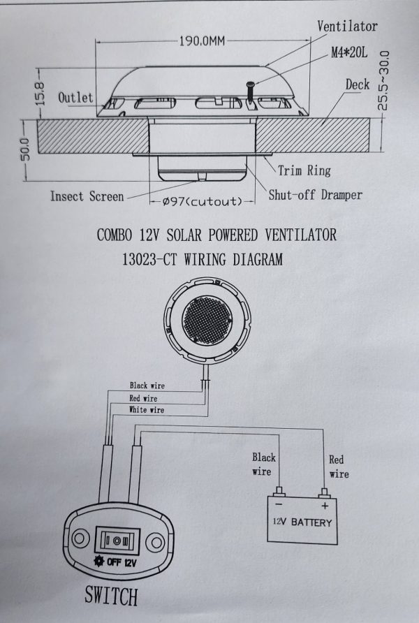 RWB1737 Solar Vent with Battery Dimensions