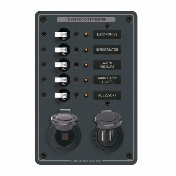 Blue Sea Traditional Metal DC Panel - 5 positions + DC Socket + USB Charger